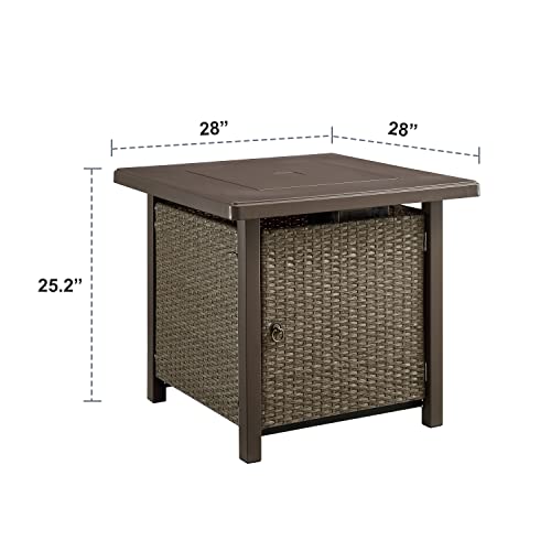 Art Leon 28in Gas Fire Pit Table, 40,000 BTU Outdoor Wicker Patio Propane Fire Pit Table with Lid, 11 Pound Amber Glass Rocks, CSA Certification, for Outside Patio, Garden, Backyard, Khaki