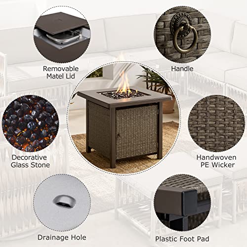 Art Leon 28in Gas Fire Pit Table, 40,000 BTU Outdoor Wicker Patio Propane Fire Pit Table with Lid, 11 Pound Amber Glass Rocks, CSA Certification, for Outside Patio, Garden, Backyard, Khaki