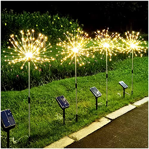 DenicMic 2 Pack Solar Firework Lights Outdoor 200 LED Solar Garden Decorative Lights 8 Mode Starburst Solar Star Waterproof for Patio Path Lawn Holiday Party Outdoor Christmas Decor (Warm White)