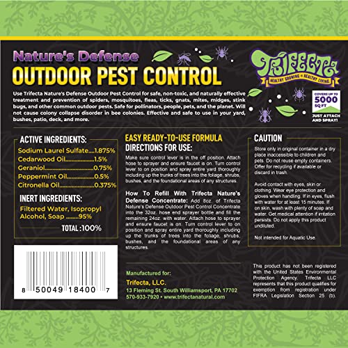 Natural Outdoor Pest Control Spray -Trifecta Nature's Defense: Insect Killer, Mosquito Killer, Spider Killer, Use For Lawns, Patios, Backyard Bug Repellent, Nano-Sized Essential Oils, Safe For People, Planet, Pets (Best Value Concentrate - 32oz)