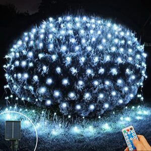 300 led solar net lights, 8 modes connectable outdoor mesh lights, 14.8ft x 5ft waterproof green wire string lights for bushes trees wall party hedges fence yard garden indoor decor-cool white