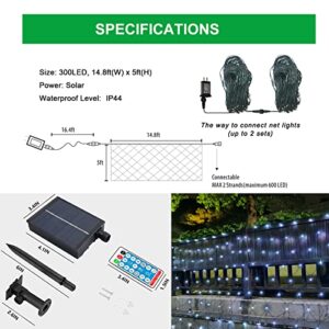 300 LED Solar Net Lights, 8 Modes Connectable Outdoor Mesh Lights, 14.8ft x 5ft Waterproof Green Wire String Lights for Bushes Trees Wall Party Hedges Fence Yard Garden Indoor Decor-Cool White