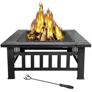zenstyle 32” heavy duty square fire pit outdoor metal firepit wood burning fireplace w/waterproof dust cover patio backyard garden stove faux-stone finish