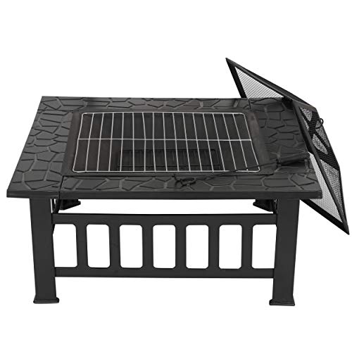 ZenStyle 32” Heavy Duty Square Fire Pit Outdoor Metal Firepit Wood Burning Fireplace w/Waterproof Dust Cover Patio Backyard Garden Stove Faux-Stone Finish