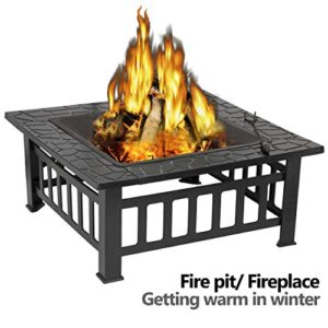 ZenStyle 32” Heavy Duty Square Fire Pit Outdoor Metal Firepit Wood Burning Fireplace w/Waterproof Dust Cover Patio Backyard Garden Stove Faux-Stone Finish