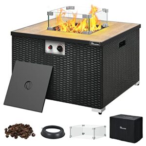 yitahome 32 inch propane fire pit table, 40,000 btu gas fire pit with ignition systems, ceramic tabletop, lava rock, cover, lid hanger, square outdoor firetable for patio garden backyard (black)