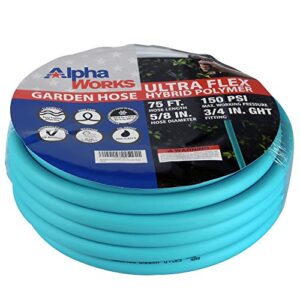 alphaworks garden water hose 5/8″ inch x 75′ foot heavy duty premium commercial ultra flex hybrid polymer lead-in hose max pressure 150 psi/10 bar with 3/4″ ght fittings