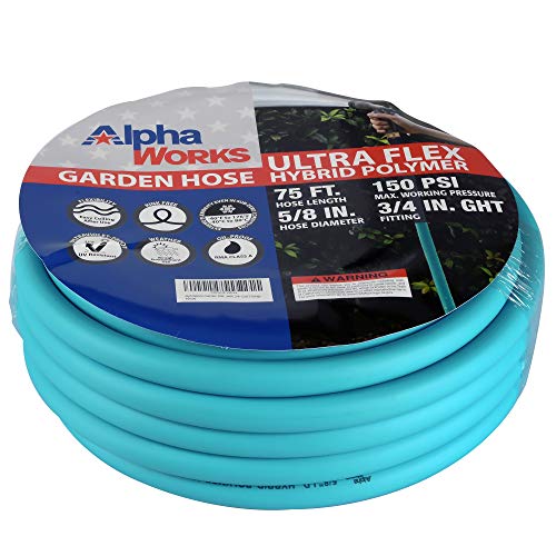 AlphaWorks Garden Water Hose 5/8" Inch x 75' Foot Heavy Duty Premium Commercial Ultra Flex Hybrid Polymer Lead-in Hose Max Pressure 150 PSI/10 BAR with 3/4" GHT Fittings