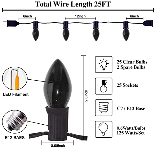 C7 Halloween String Lights - 25ft C7 Lights with 25 LED Transparent Black Purple Bulb(Plus 2 Extra Bulbs), Halloween Lighting Decor for Outdoor Use, Garden, Yard, Home, Party, Holiday, Black Wire