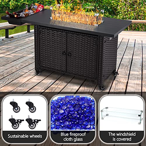 Propane Fire Pit Table, 54 in 50,000 BTU PE Rattan Gas Fire Pit with Glass Wind Guard, Waterproof Cover, Lava Glass, CSA Certified for Outside Garden/Patio/Deck/Poolside.