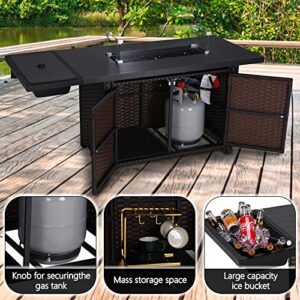 Propane Fire Pit Table, 54 in 50,000 BTU PE Rattan Gas Fire Pit with Glass Wind Guard, Waterproof Cover, Lava Glass, CSA Certified for Outside Garden/Patio/Deck/Poolside.