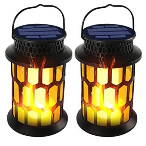 DONLINE Solar Lanterns Outdoor Waterproof Flickering Flame Hanging Solar Lantern Camping Solar Powered Lights Decorative Lights for Halloween Decorations Home Garden Patio Deck Yard Path, 2 Pack