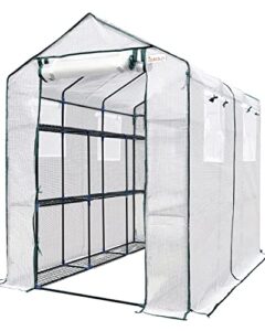 king bird upgraded 7 x 4.7 x 6.4 ft walk-in greenhouse for outdoors, thickened pe cover & heavy duty powder-coated steel, w/ zippered mesh door & screen windows, 20 sturdy shelves for garden, white