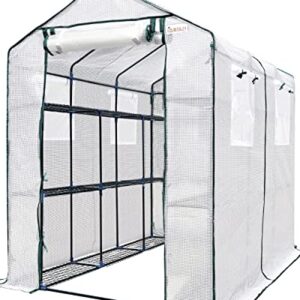 KING BIRD Upgraded 7 x 4.7 x 6.4 FT Walk-in Greenhouse for Outdoors, Thickened PE Cover & Heavy Duty Powder-Coated Steel, w/ Zippered Mesh Door & Screen Windows, 20 Sturdy Shelves for Garden, White