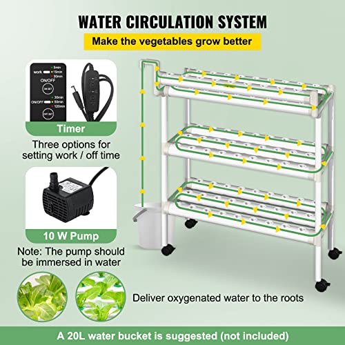 VEVOR Hydroponics Growing System, 90 Sites 10 Food-Grade PVC-U Pipes, 3 Layers Indoor Planting Kit with Water Pump, Timer, Nest Basket, Sponge, for Fruits, Vegetables, Herbs, White