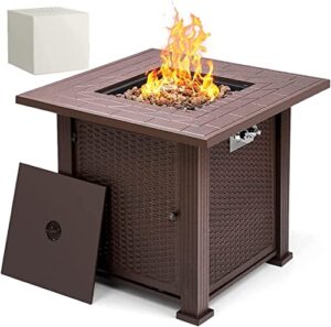 singlyfire 28 inch propane fire pit table square 2 in 1 fire table 50,000 btu with cover, lid and 6.6lbs lava rock,gas fire pit table for outside patio, garden, backyard, deck, brown (sgfp-001c)
