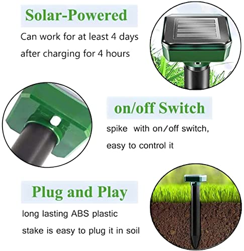 Solar Powered Mole Repellent Stakes - Safe and Quiet Ultrasonic Outdoor Pest Repellent Spike for Gopher, Vole, Groundhog and Shrews - Waterproof Outdoor Pest Deterrent for Lawn and Garden - 4 Pack
