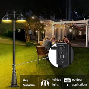 Dusk to Dawn Outdoor Lamp Post Lights with GFCI Outlet,Double-Head Farmhouse Street Light Fixture,Aluminum Exterior Black Pole Lights,Waterproof Lantern Lamp Outdoor Lighting for Garden,Patio,Pathway