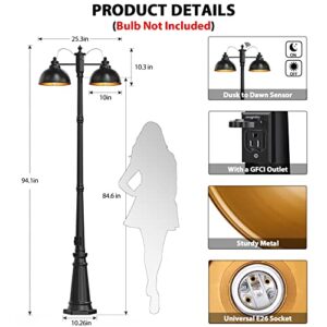 Dusk to Dawn Outdoor Lamp Post Lights with GFCI Outlet,Double-Head Farmhouse Street Light Fixture,Aluminum Exterior Black Pole Lights,Waterproof Lantern Lamp Outdoor Lighting for Garden,Patio,Pathway