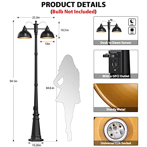 Dusk to Dawn Outdoor Lamp Post Lights with GFCI Outlet,Double-Head Farmhouse Street Light Fixture,Aluminum Exterior Black Pole Lights,Waterproof Lantern Lamp Outdoor Lighting for Garden,Patio,Pathway