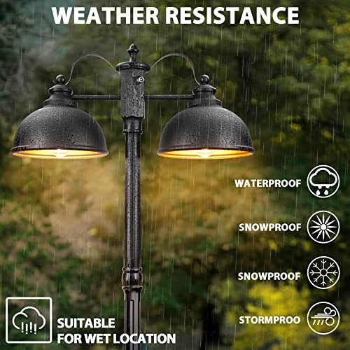 Dusk to Dawn Outdoor Lamp Post Lights with GFCI Outlet,Double-Head Farmhouse Street Light Fixture,Aluminum Exterior Black Pole Lights,Waterproof Lantern Lamp Outdoor Lighting for Garden,Patio,Pathway