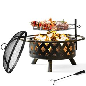 oneinmil 2 in 1 fire pit with grill, 30” wood burning outdoor fire pits outside with metal bbq grill, spark screen, poker for patio, backyard, garden