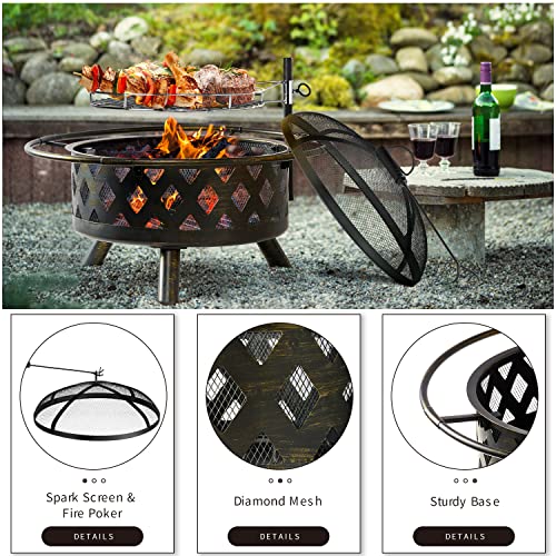 Oneinmil 2 in 1 Fire Pit with Grill, 30'' Wood Burning Outdoor Fire Pits Outside with Metal BBQ Grill, Spark Screen, Poker for Patio, Backyard, Garden