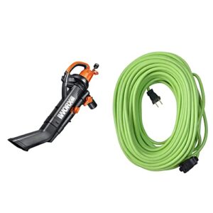 worx wg505 trivac 12 amp 3-in-1 electric blower/mulcher/vacuum & yard master outdoor garden 120-foot extension cord, light duty, water resistant, durable 16 gauge 2 pronged, 10 amps, lime green