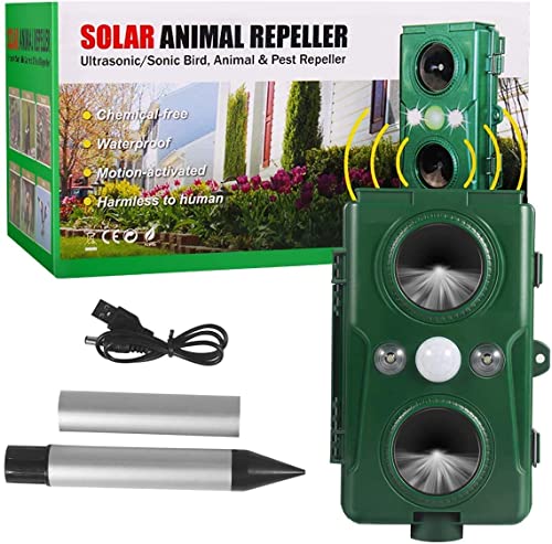 GOTSEVEN Ultrasonic Dog Chaser, Outdoor Solar Animal Deterrent, Motion Sensor and Flashing Lights Solar, Outdoor Waterproof Farm Garden Paddock, Dog, Cat, Bird, Squirrel, Green