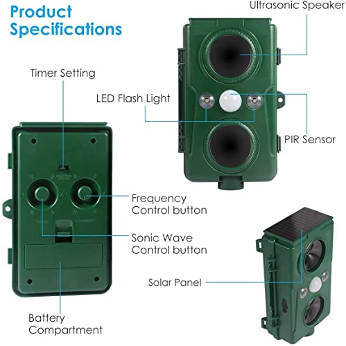 GOTSEVEN Ultrasonic Dog Chaser, Outdoor Solar Animal Deterrent, Motion Sensor and Flashing Lights Solar, Outdoor Waterproof Farm Garden Paddock, Dog, Cat, Bird, Squirrel, Green