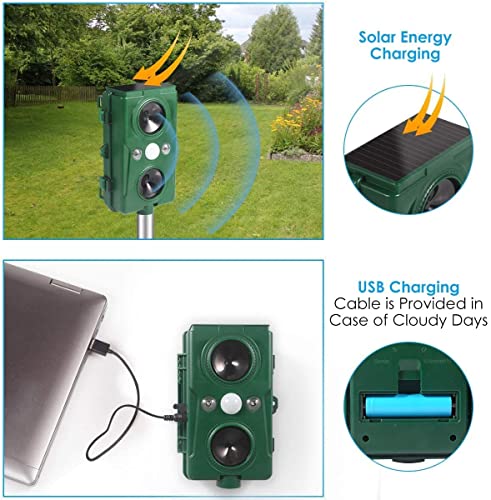 GOTSEVEN Ultrasonic Dog Chaser, Outdoor Solar Animal Deterrent, Motion Sensor and Flashing Lights Solar, Outdoor Waterproof Farm Garden Paddock, Dog, Cat, Bird, Squirrel, Green