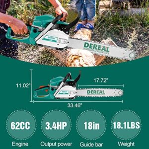 DEREAL 62cc Gas 18'' Chainsaw 2 Cycle Gasoline Powered Chain Saws Handheld for Home Garden