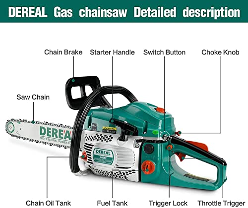 DEREAL 62cc Gas 18'' Chainsaw 2 Cycle Gasoline Powered Chain Saws Handheld for Home Garden