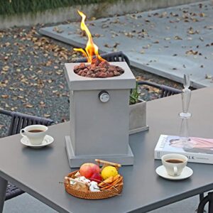 patiorama portable tabletop fireplace small propane fire pit, outdoor 10 inch square concrete tabletop gas firebowl, 10,000 btu, w/lava rocks, csa certification, for garden, patio-light grey