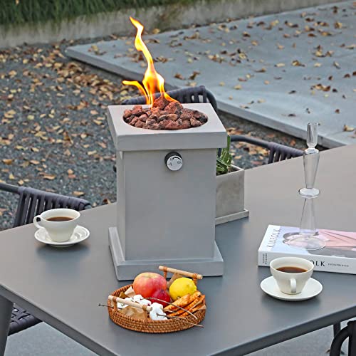 Patiorama Portable Tabletop Fireplace Small Propane Fire Pit, Outdoor 10 Inch Square Concrete Tabletop Gas Firebowl, 10,000 BTU, w/Lava Rocks, CSA Certification, for Garden, Patio-Light Grey