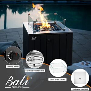 BALI OUTDOORS Gas Firepit Table 41,000 BTU, Square Propane Fire Pit with Stainless Steel Table Top Glass Wind Guard Blue Fire Stone, 23.6 Inch Outdoor Furniture Table for Backyard Patio Garden