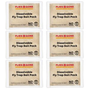 flies be gone fly trap refill packs – 6 original & dissolvable km34 bait – all natural attractant non toxic – replacement pouches for all reusable & rechargeable outdoor fly catchers – made in usa