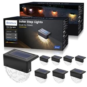 solar deck lights【8 pack】bryopath solar step lights outdoor, waterproof led fence lights for stairs, patio, yard, garden halloween decor outdoor lights, warm white/rgb color glow lights