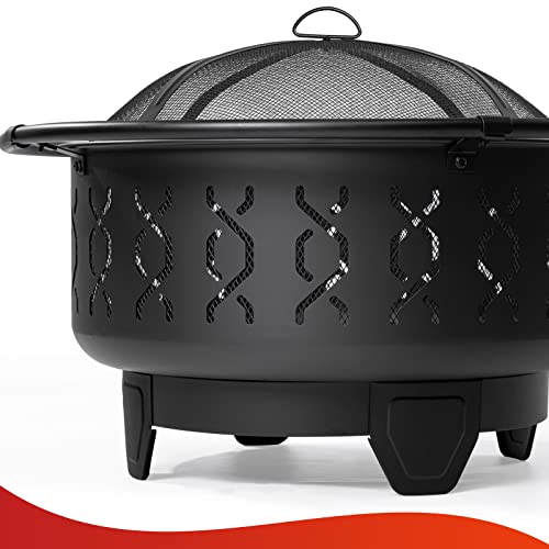 SINGLYFIRE 30 Inch Fire Pits for Outside Wood Burning Outdoor Large FirePit Round Steel Firepit for Patio Backyard Garden Outdoor Heating,with Spark Screen,Log Grate,Poker, Black (SFPR-001)