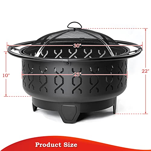 SINGLYFIRE 30 Inch Fire Pits for Outside Wood Burning Outdoor Large FirePit Round Steel Firepit for Patio Backyard Garden Outdoor Heating,with Spark Screen,Log Grate,Poker, Black (SFPR-001)