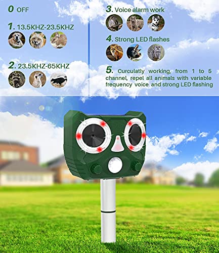 Solar Animal Repeller Ultrasonic Deer Repellent Devices Outdoor for Bird Skunk Rabbit Raccoon Cat Dog Fox, Waterproof Animal Deterrent with PIR Sensor Alarms Strobe Lights for Yard Farm Garden