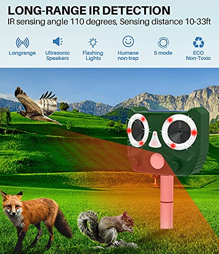 Solar Animal Repeller Ultrasonic Deer Repellent Devices Outdoor for Bird Skunk Rabbit Raccoon Cat Dog Fox, Waterproof Animal Deterrent with PIR Sensor Alarms Strobe Lights for Yard Farm Garden