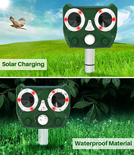 Solar Animal Repeller Ultrasonic Deer Repellent Devices Outdoor for Bird Skunk Rabbit Raccoon Cat Dog Fox, Waterproof Animal Deterrent with PIR Sensor Alarms Strobe Lights for Yard Farm Garden