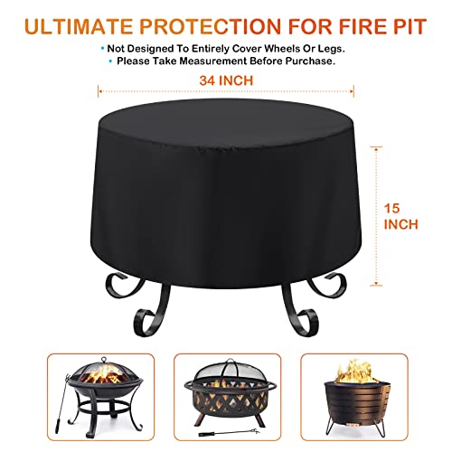 Fire Pit Cover Round for Fire Pit 22- 34 Inch, Waterproof Outdoor Fire Pit Cover, Full Coverage Patio Round Fire Pit Cover - Dustproof Anti UV and Tear Resistant