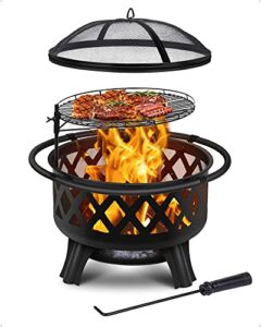 outdoor 2 in 1 fire pit 30″ wood burning firepit with grill, spark screen, great for outdoor, garden, patio, backyard, bonfire