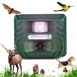 ultrasonic animal repellent device for garden, deer repeller outdoor,bird deterrent devices with motion sensor &strobe light for mole,dog,squirrel,snake,rabbit,groundhog,rodent,mice,raccoon,cat,bat.