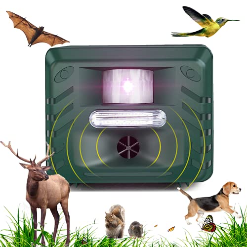 Ultrasonic Animal Repellent Device for Garden, Deer Repeller Outdoor,Bird Deterrent Devices with Motion Sensor &Strobe Light for Mole,Dog,Squirrel,Snake,Rabbit,Groundhog,Rodent,Mice,Raccoon,Cat,Bat.