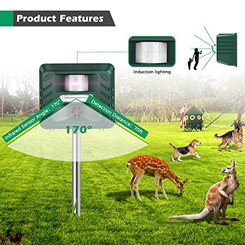 Ultrasonic Animal Repellent Device for Garden, Deer Repeller Outdoor,Bird Deterrent Devices with Motion Sensor &Strobe Light for Mole,Dog,Squirrel,Snake,Rabbit,Groundhog,Rodent,Mice,Raccoon,Cat,Bat.