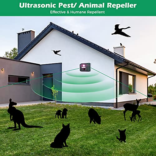 Ultrasonic Animal Repellent Device for Garden, Deer Repeller Outdoor,Bird Deterrent Devices with Motion Sensor &Strobe Light for Mole,Dog,Squirrel,Snake,Rabbit,Groundhog,Rodent,Mice,Raccoon,Cat,Bat.