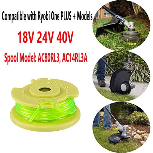 Fyange 11ft .08'' String Trimmer Replacement Spool for Ryobi One Plus+ AC80RL3 18V 24V 40V, with String Trimmer AC14HCA Cap Covers 11ft 0.08” Cordless Auto-Feed Twist Single Line (10 Spool, 2 Cap)